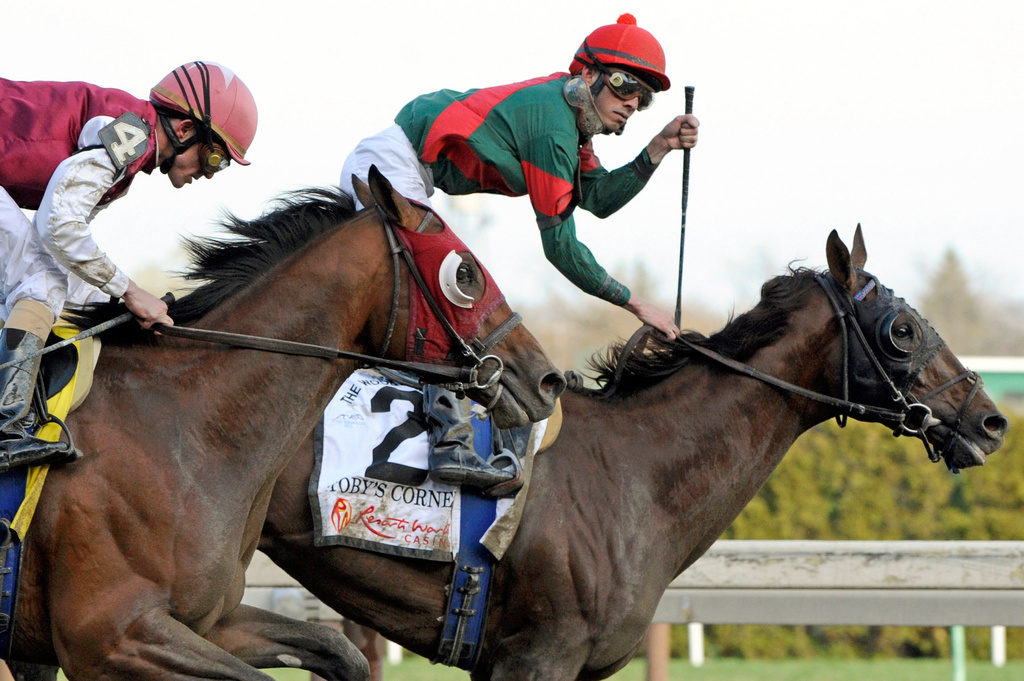 FILE - Eddie Castro riding Toby's Corner, right, reacts after winning the Wood Memorial horse race ahead of Ramon Dominquez on Arthur's Tale at Aqueduct Racetrack, April 9, 2011, in New York. (AP Photo/Bill Kostroun)