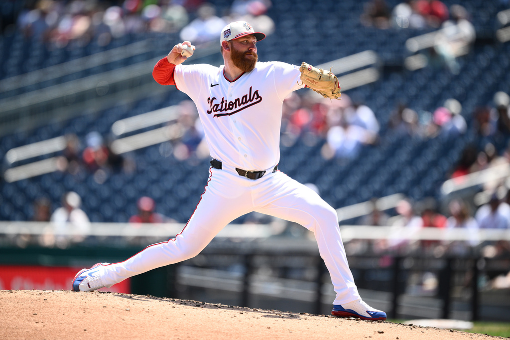 Washington Nationals pitcher Zack Littell throws during the third inning of a baseball game against the Pittsburgh Pirates, Saturday, July 4, 2026, in Washington. (AP Photo/Nick Wass)