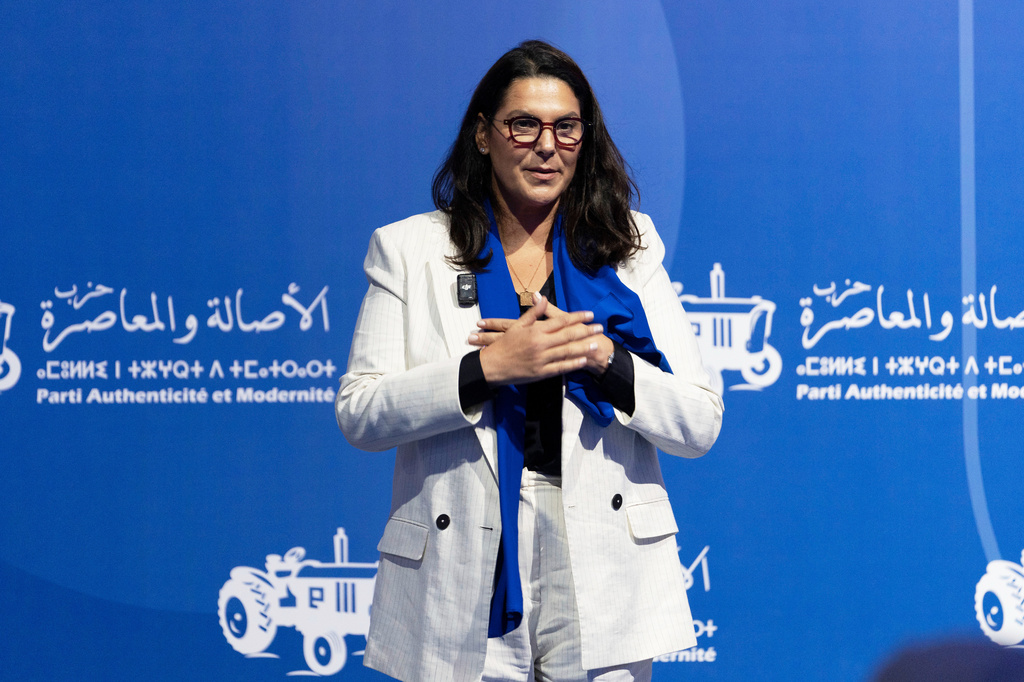 Fatima Ezzahra El Mansouri, Moroccan minister, politician and mayor of Marrakech, takes part in an electoral rally for Authenticity and Modernity Party (PAM) ahead of the upcoming legislative elections, in Tangier, Morocco, Wednesday, Sept. 16, 2026. (AP Photo/Mosa'ab Elshamy)