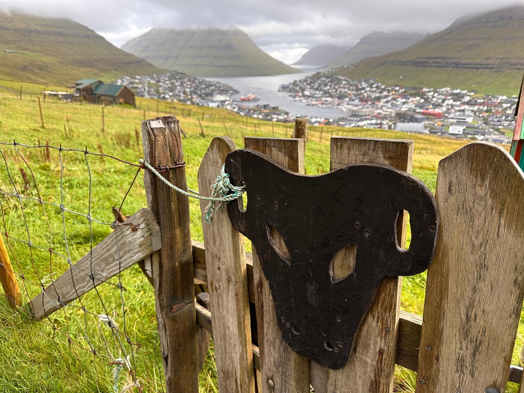 FILE - The image of a sheep decorates a gate in Klaksvik, Faroe Islands, Sept. 10, 2025. (AP Photo/Cara Anna, File)
