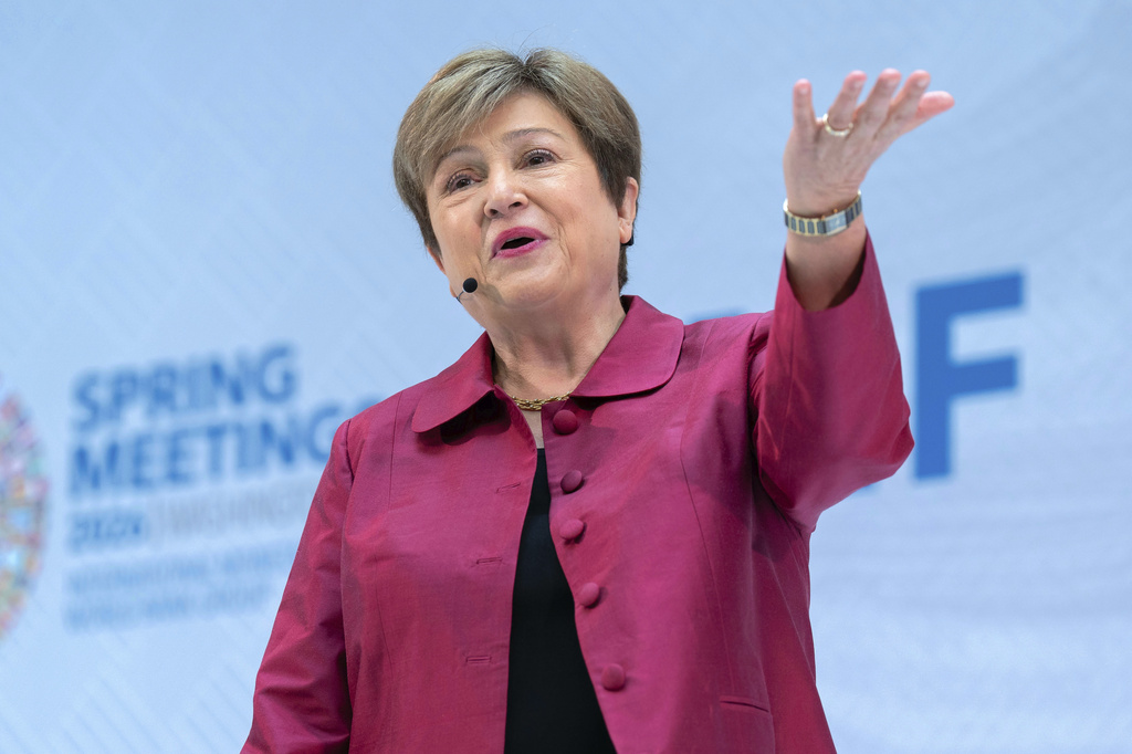 International Monetary Fund (IMF) Managing Director Kristalina Georgieva speaks at a news conference ahead of the World Bank/IMF Spring Meetings at the IMF headquarters in Washington, Thursday, April 9, 2026. (AP Photo/Jose Luis Magana)
