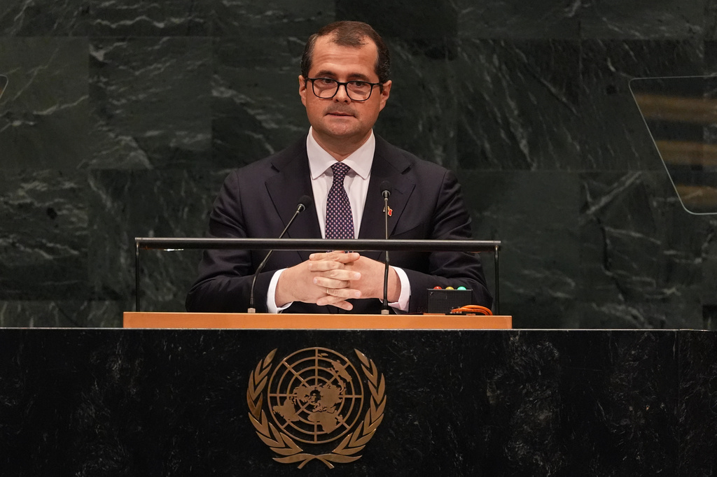 Prime Minister Vasile Tofan of Moldova speaks during the 81st session of the United Nations General Assembly at United Nations headquarters, Saturday, Sept. 26, 2026. (AP Photo/Heather Khalifa)