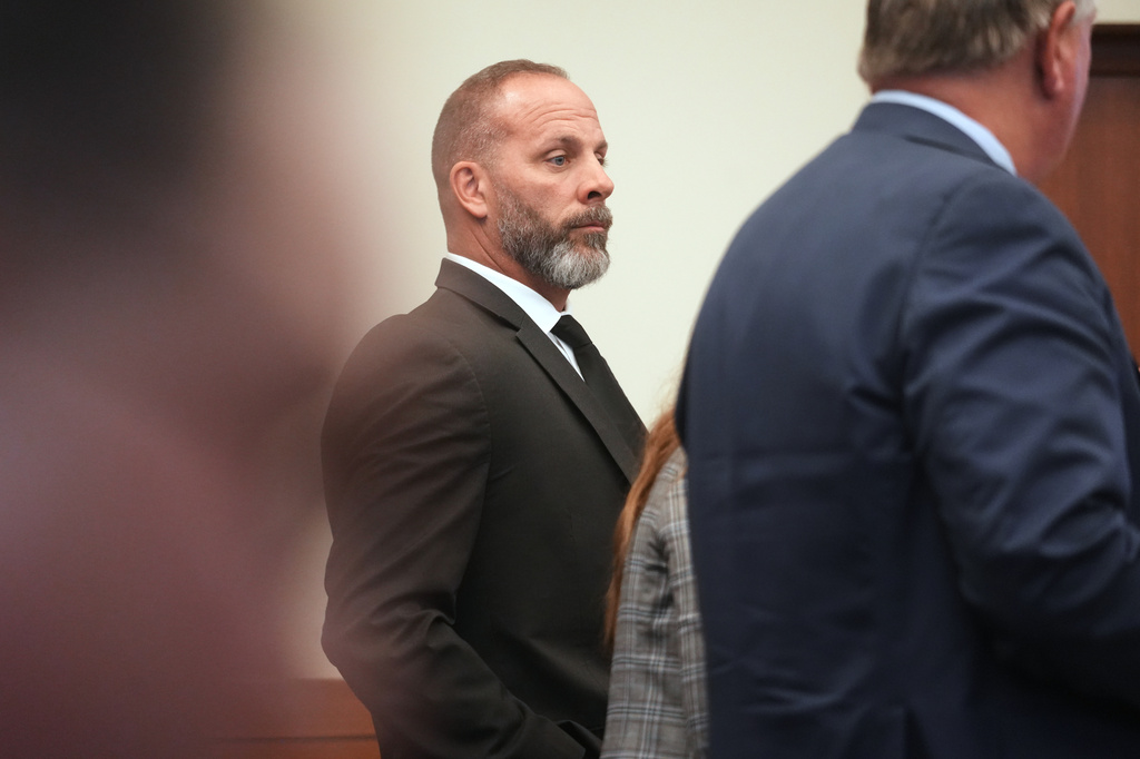 Former sheriff's deputy Jason Meade stands during closing arguments of his retrial on Wednesday, May 6, 2026, inside Franklin County Court of Common Pleas in Columbus, Ohio. (Doral Chenoweth/The Columbus Dispatch via AP, Pool)