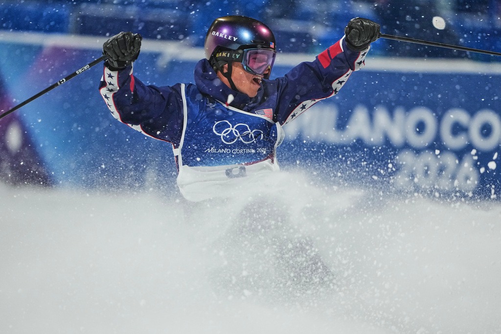 United States' Mac Forehand celebrates during the men's freestyle skiing big air finals at the 2026 Winter Olympics, in Livigno, Italy, Tuesday, Feb. 17, 2026. (AP Photo/Lindsey Wasson)