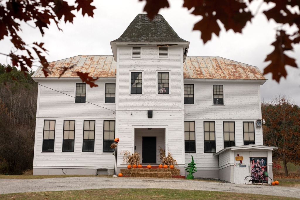 The building known as "Miss Shannon's School for Girls" in the "Beetlejuice" films is pictured in East Corinth, Vt., Oct. 28, 2025. (AP Photo/Amanda Swinhart)