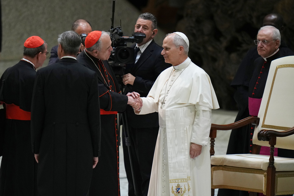 Pope Leo XIV meets Cardinals and Bishops at the end of his weekly general audience in the Paul VI Hall at the Vatican, Wednesday, Jan. 7, 2026. (AP Photo/Alessandra Tarantino)