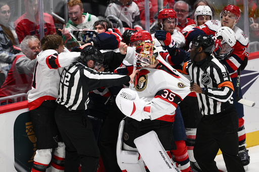 The Washington Capitals and Ottawa Senators brawl during the second period of an NHL hockey game, Saturday, Oct. 25, 2025, in Washington. (AP Photo/Nick Wass) The Washington Capitals and Ottawa Senators brawl during the second period of an NHL hockey game, Saturday, Oct. 25, 2025, in Washington. (AP Photo/Nick Wass)