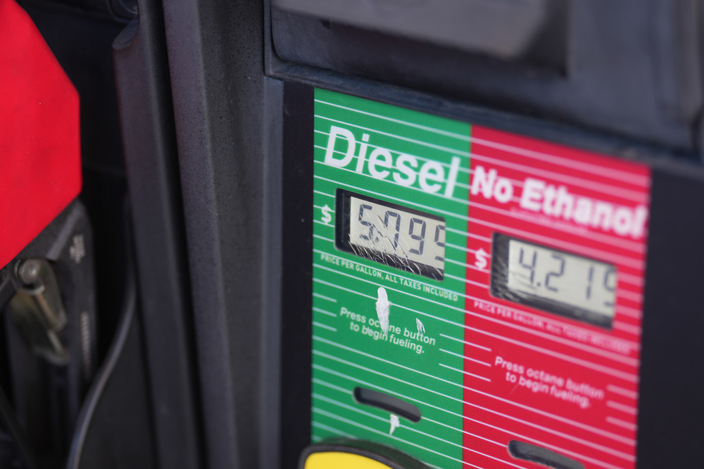 The price of a gallon of diesel fuel is shown electronically on a pump at a QuikTrip station Thursday, Oct. 1, 2026, in Greenwood Village, Colo. (AP Photo/David Zalubowski)