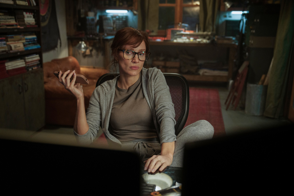 This image released by Apple TV+ shows Jessica Chastain in a scene from "The Savant." (Elizabeth Fisher/Apple TV+ via AP)