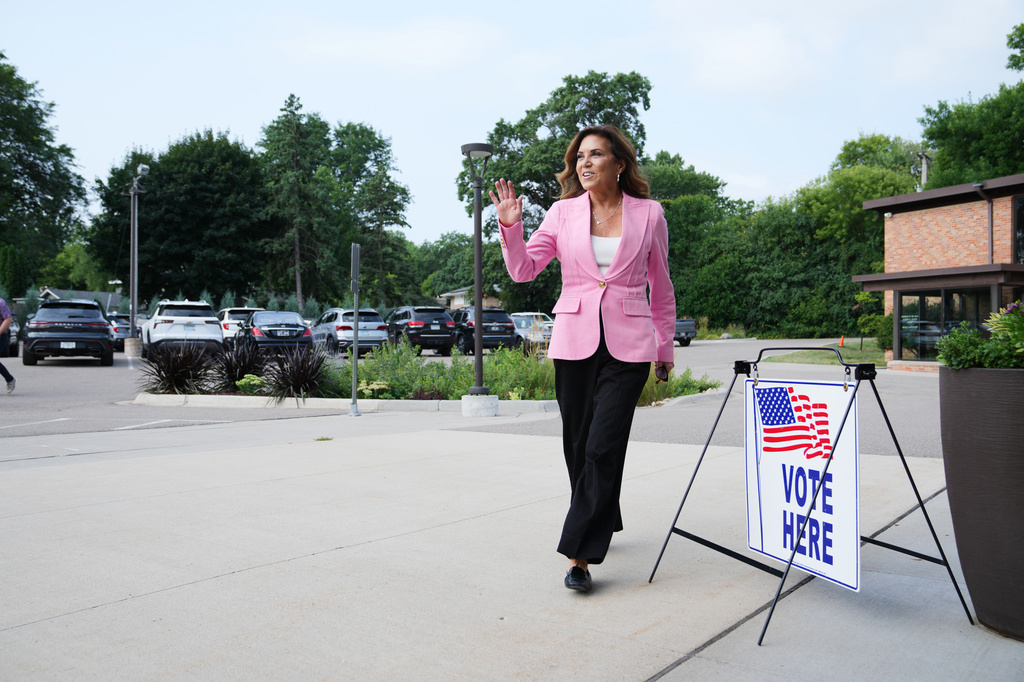 Michele Tafoya, a Republican candidate for U.S. Senate, arrives to vote on Tuesday, Aug. 11, 2026, in Minneapolis. (AP Photo/Ellen Schmidt)
