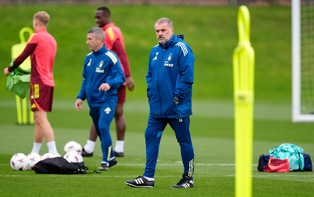 Nottingham Forest manager Ange Postecoglou looks on during a training session at The Nigel Doughty Academy, Nottingham, England, Wednesday, Oct. 1, 2025. (Nick Potts/PA via AP)