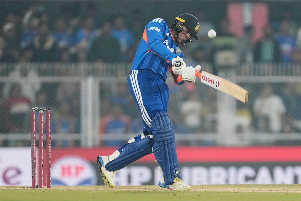 India's Abhishek Sharma plays a shot during the third T20 cricket match between India and New Zealand in Guwahati, India, Sunday, Jan. 25, 2026. (AP Photo/Anupam Nath)