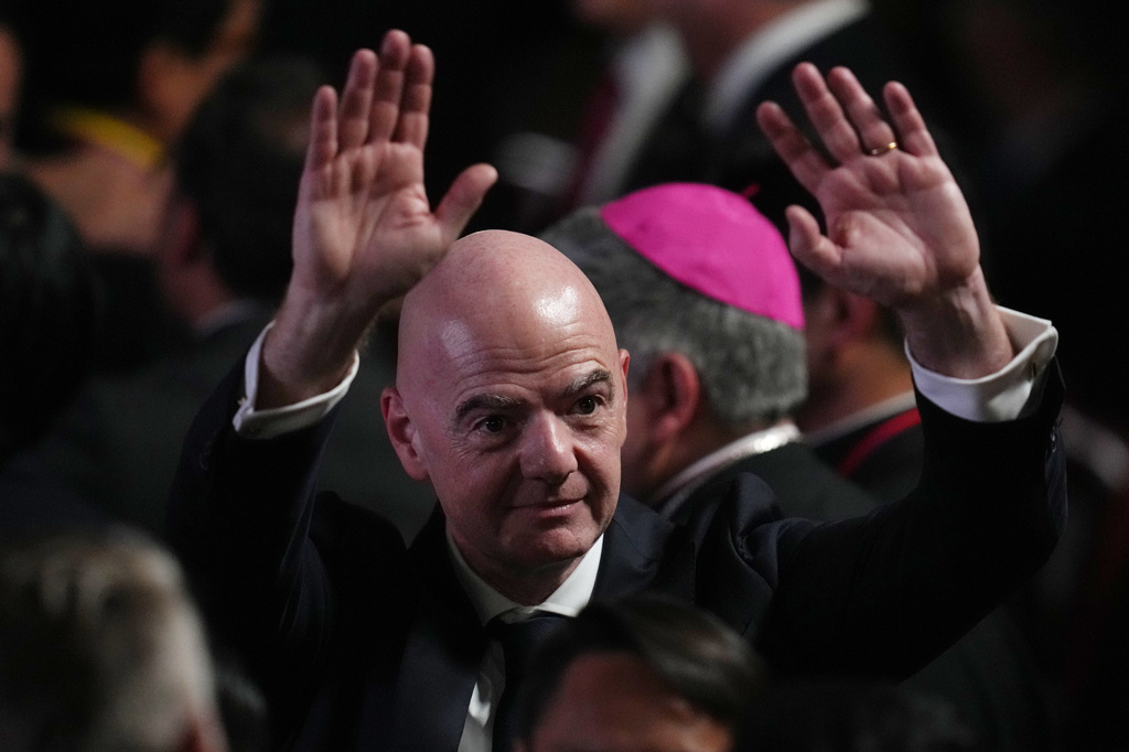FIFA President Gianni Infantino arrives for the inauguration of President Abelardo de la Espriella in Cali, Colombia, Friday, Aug. 7, 2026. (AP Photo/Matias Delacroix)