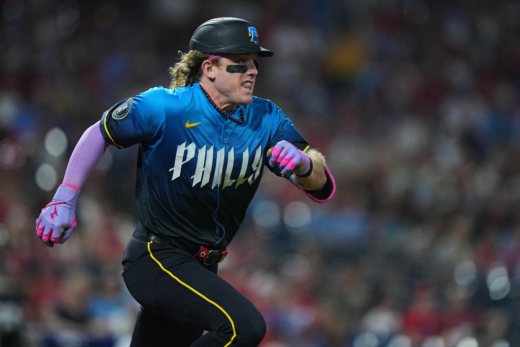 FILE - Philadelphia Phillies' Harrison Bader runs during a baseball game Sept. 26, 2025, in Philadelphia. (AP Photo/Matt Rourke, File)