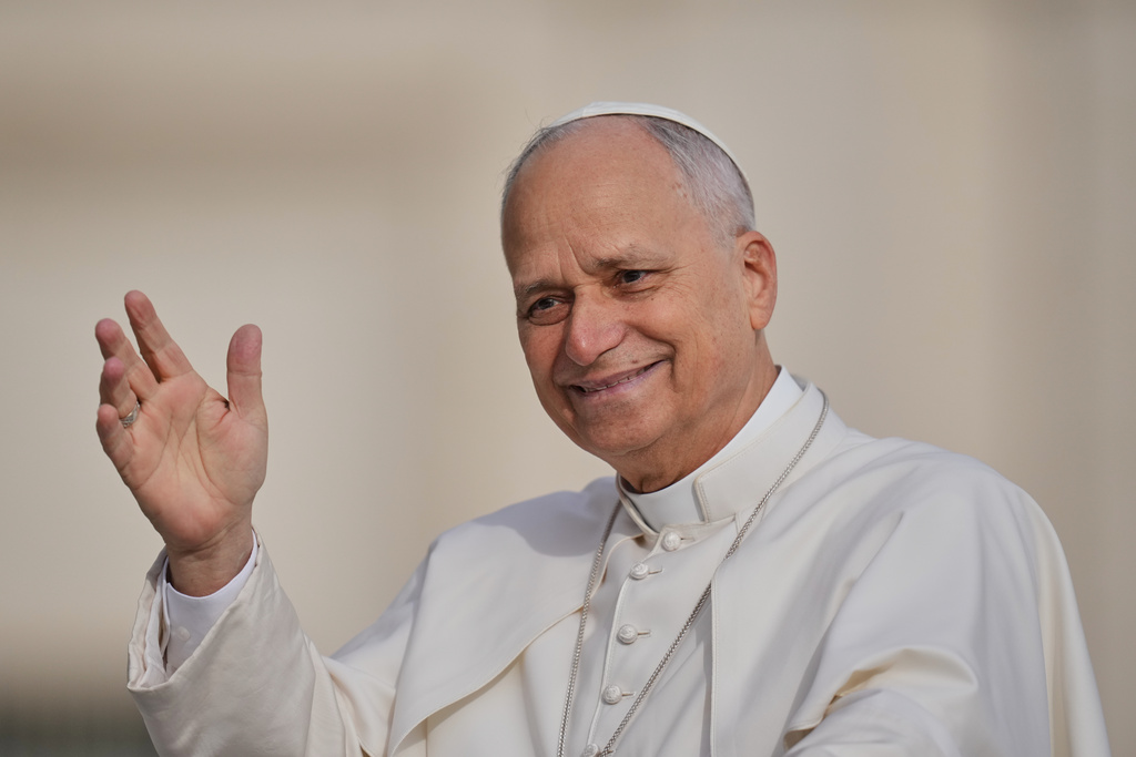 Pope Leo XIV arrives for an audience on the occasion of the Jubilee of the Choirs in St. Peter's Square, at the Vatican, Saturday, Nov. 22, 2025. (AP Photo/Alessandra Tarantino)