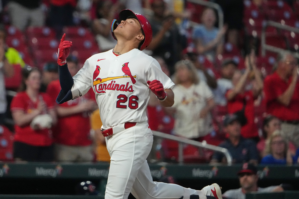 St. Louis Cardinals' JJ Wetherholt rounds the bases after hitting a solo home run during the third inning of a baseball game against the Cleveland Guardians Tuesday, April 14, 2026, in St. Louis. (AP Photo/Jeff Roberson)