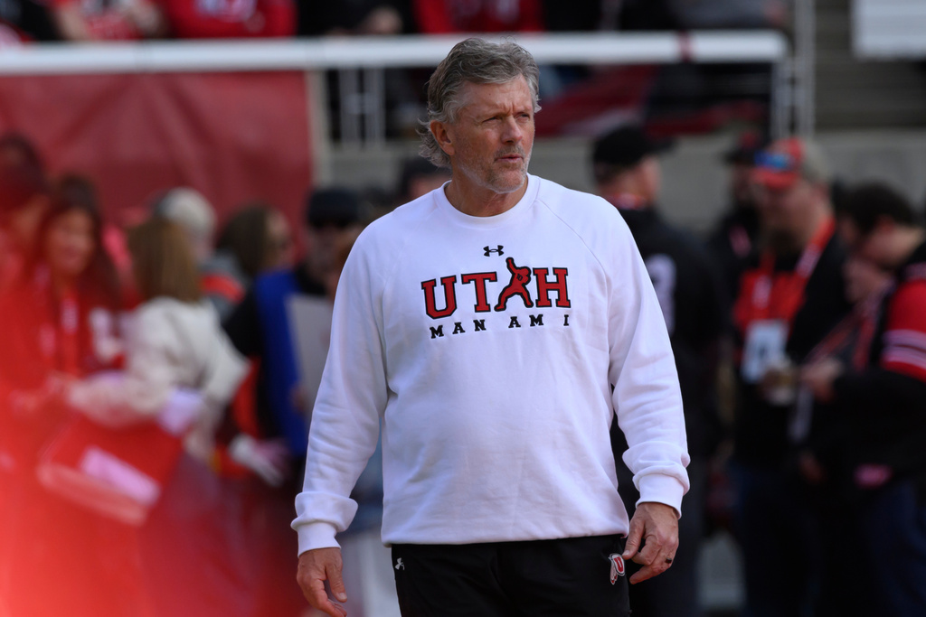 Utah head coach Kyle Whittingham before an NCAA college football game between Utah and Kansas State, Saturday, Nov. 22, 2025, in Salt Lake City. (AP Photo/Tyler Tate)
