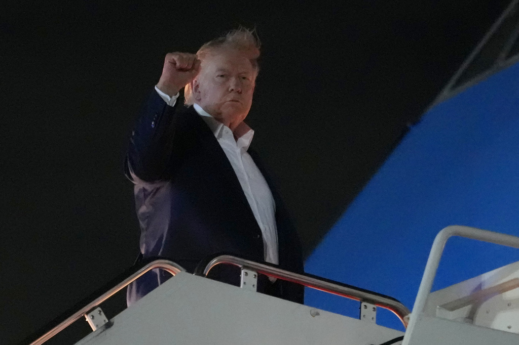 President Donald Trump gestures as he boards Air Force One, Monday, June 15, 2026, at Joint Base Andrews, Md. (AP Photo/Julia Demaree Nikhinson)