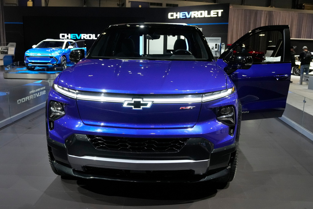 FILE - The 2024 Chevrolet Silverado EV sits on display at the Chicago Auto Show, Thursday, Feb. 9, 2023, in Chicago. (AP Photo/Charles Rex Arbogast, File)