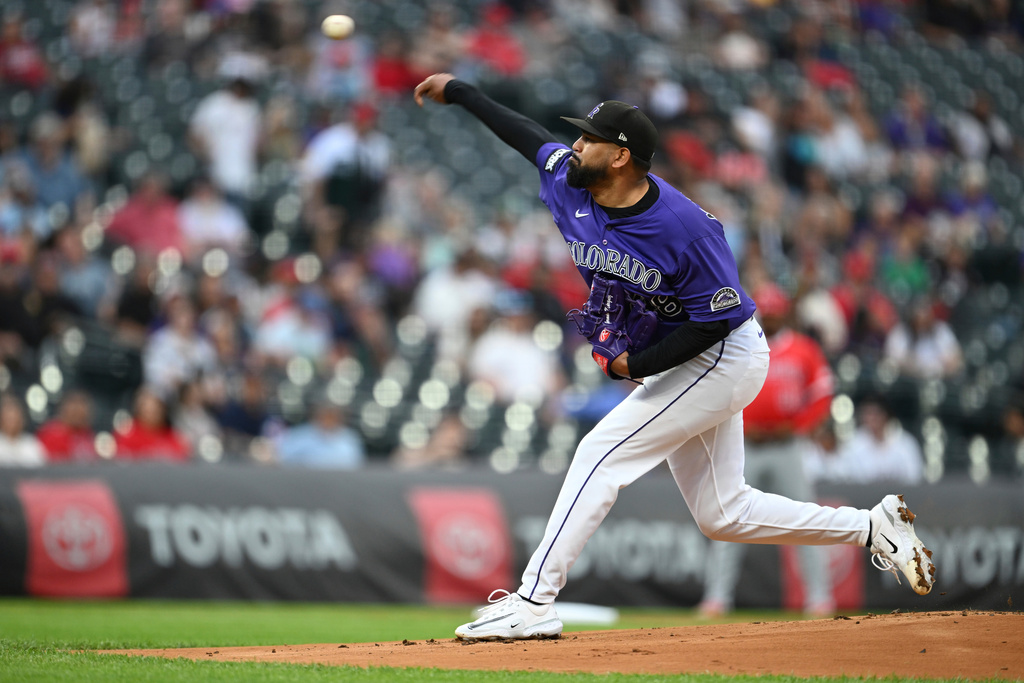 Colorado Rockies pitcher Germán Márquez works against the Los Angeles Angels in the first inning on Saturday, Sept. 20, 2025, in Denver. (AP Photo/RJ Sangosti)