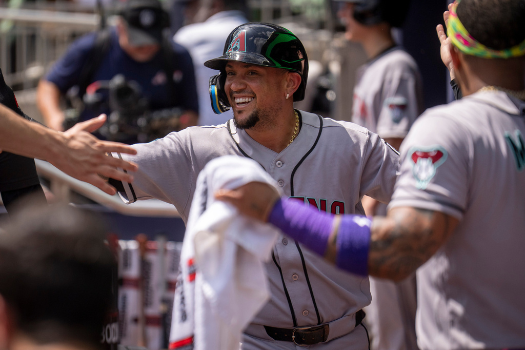 Arizona Diamondbacks' Ildemaro Vargas celebrates after hitting a home run during the seventh inning of a baseball game against the Atlanta Braves, Sunday, Aug. 16, 2026, in Atlanta. (AP Photo/Erik Rank)