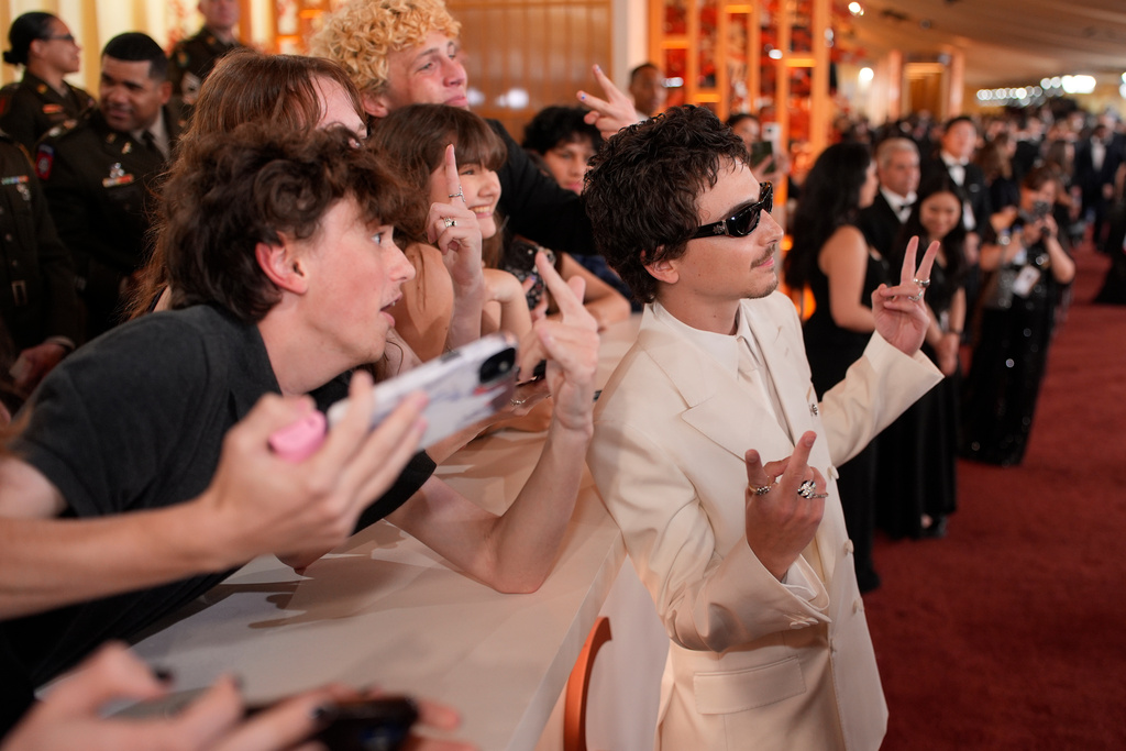 Timothee Chalamet arrives at the Oscars on Sunday, March 15, 2026, at the Dolby Theatre in Los Angeles. (AP Photo/John Locher)