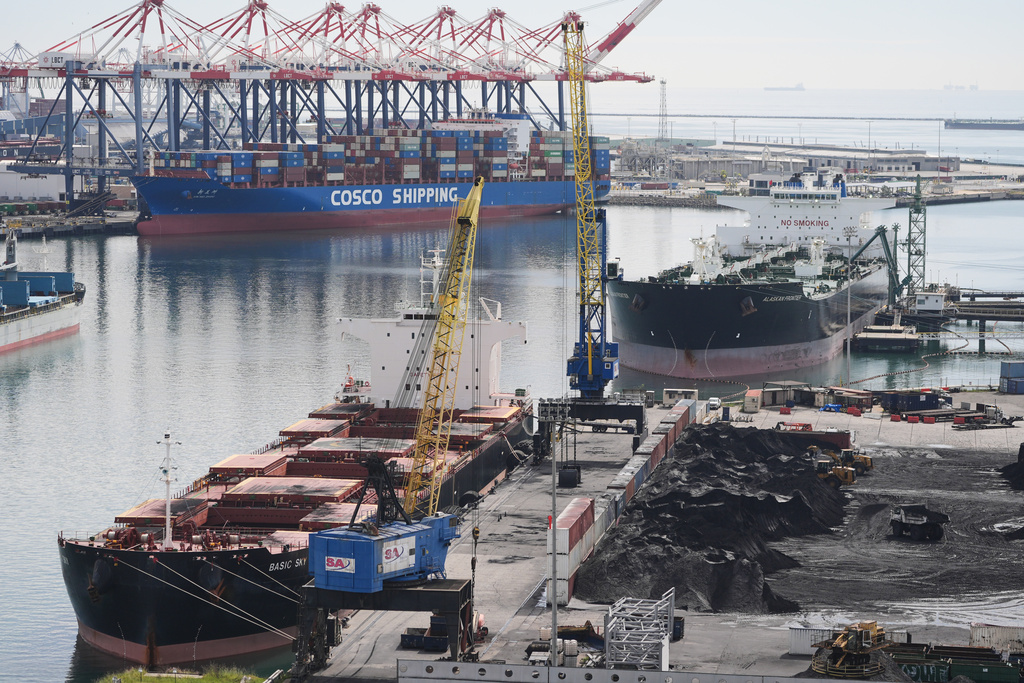 Ships are docked at the Port of Long Beach Friday, Feb. 20, 2026, in Long Beach, Calif. (AP Photo/Damian Dovarganes)