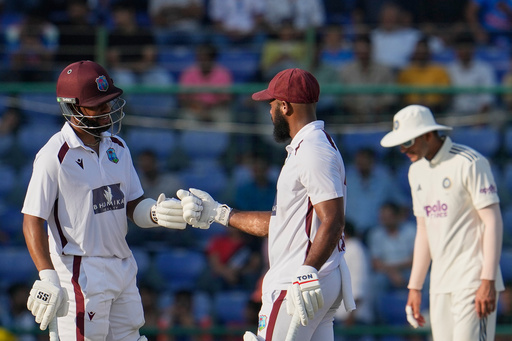 West Indies' John Campbell and Shai Hope give the fist touch after scoring runs on the third day of the second cricket test match between India and West Indies at the Arun Jaitley Stadium in New Delhi, India, Sunday, Oct.12, 2025. (AP Photo/Manish Swarup) West Indies' John Campbell and Shai Hope give the fist touch after scoring runs on the third day of the second cricket test match between India and West Indies at the Arun Jaitley Stadium in New Delhi, India, Sunday, Oct.12, 2025. (AP Photo/Manish Swarup)
