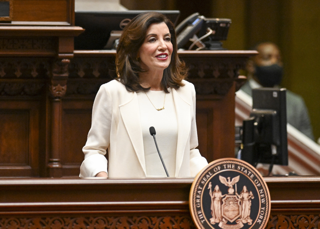 FILE - New York Gov. Kathy Hochul delivers her first State of the State address in the Assembly Chamber at the state Capitol, on Jan. 5, 2022, in Albany, N.Y. (AP Photo/Hans Pennink, Pool, File)
