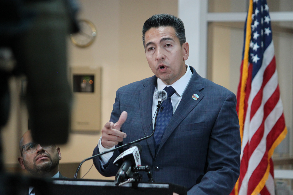 Raul Bujanda, Albuquerque's executive director of public safety, talks about the fentanyl epidemic in New Mexico and federal investigative policies during a news conference in Albuquerque, on Monday, June 29, 2026. (AP Photo/Susan Montoya Bryan)