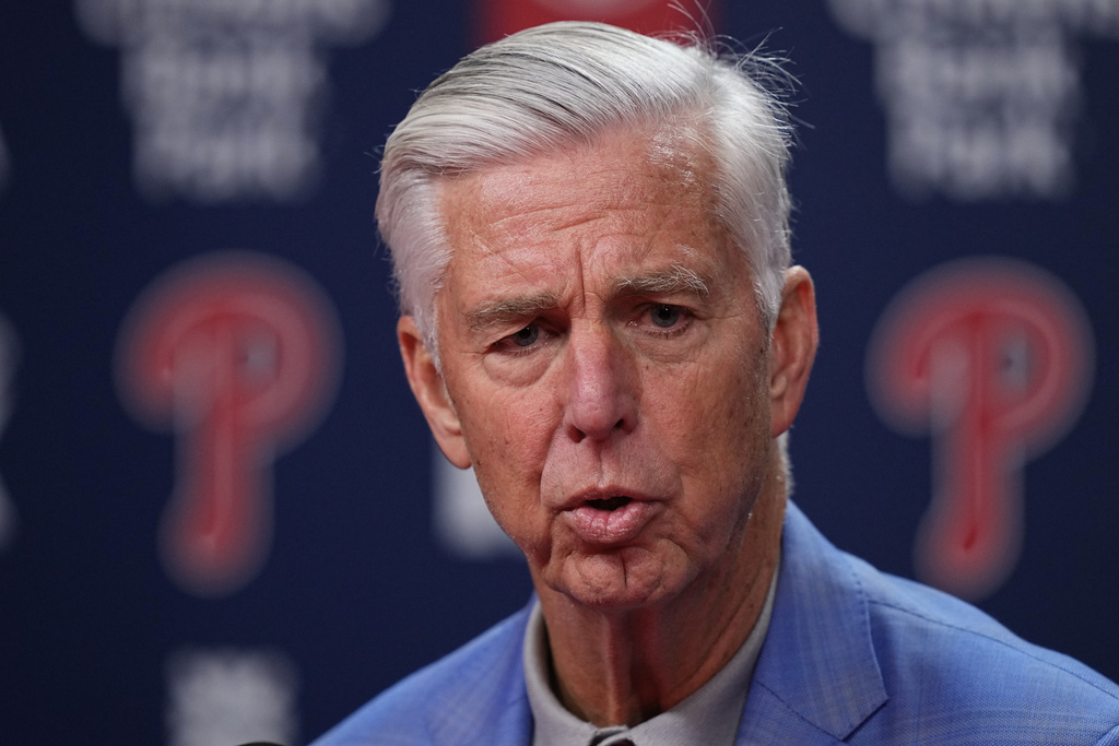 Philadelphia Phillies president of baseball operations Dave Dombrowki speaks during a news conference, Thursday, Oct. 16, 2025, in Philadelphia. (AP Photo/Matt Rourke)