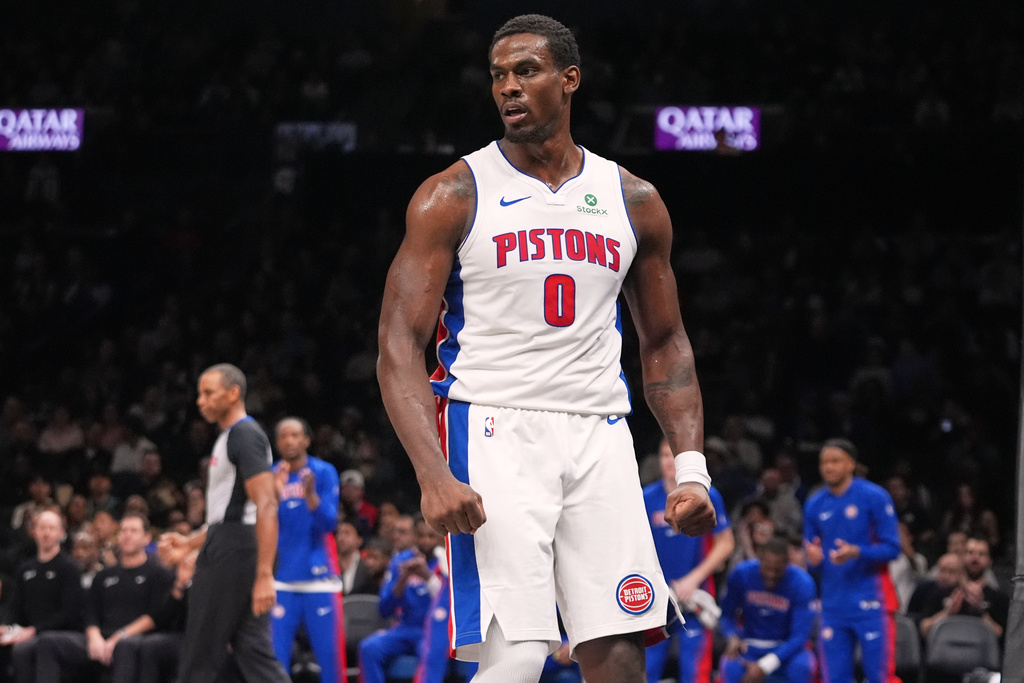 Detroit Pistons' Jalen Duren (0) reacts after scoring during the first half of an NBA basketball game against the Brooklyn Nets Tuesday, March 10, 2026, in New York. (AP Photo/Frank Franklin II)