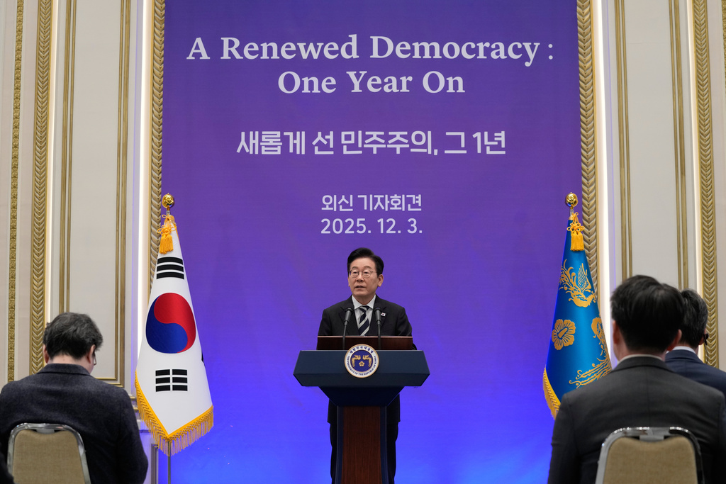 South Korean President Lee Jae Myung speaks during a news conference to mark the first anniversary of the Dec. 3 martial law crisis at the Blue House in Seoul, South Korea, Wednesday, Dec. 3, 2025. (AP Photo/Ahn Young-joon)