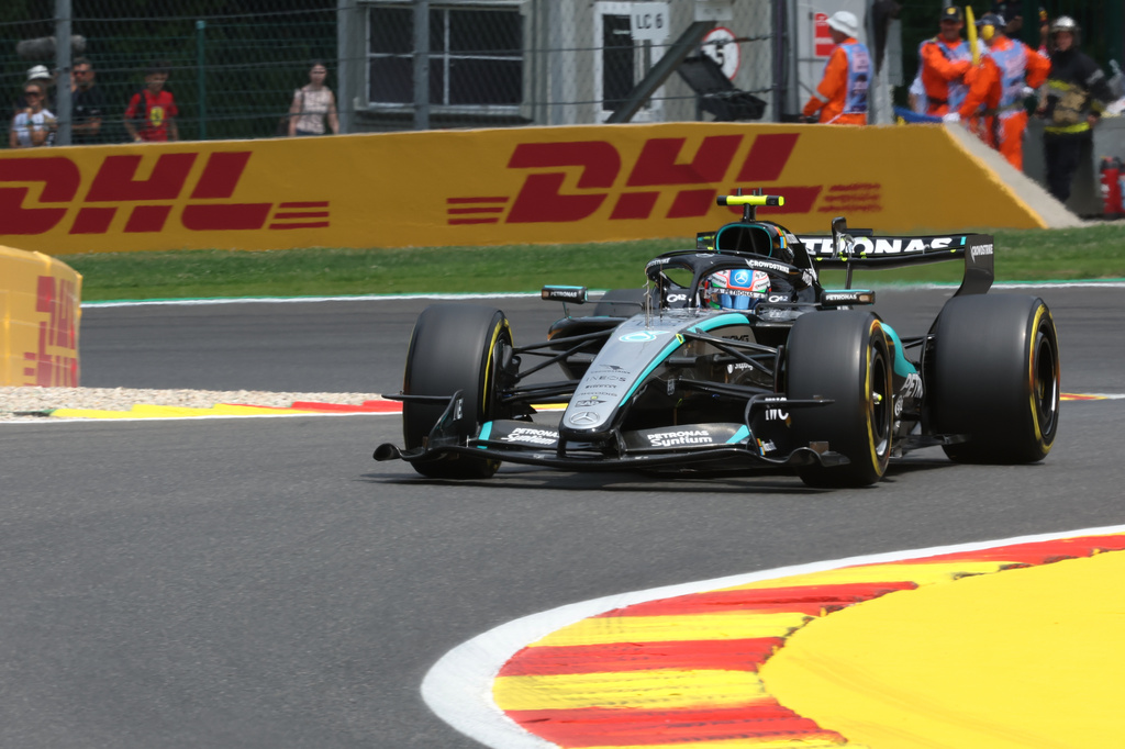 Mercedes driver Andrea Kimi Antonelli of Italy steers his car during the first practice session ahead of the Formula One Grand Prix at the Spa-Francorchamps racetrack in Spa, Belgium, Friday, July 17, 2026. (AP Photo/Omar Havana)