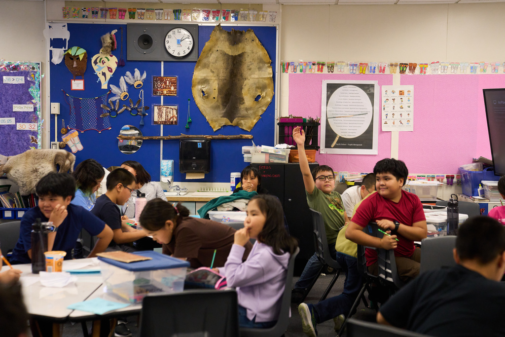 Students work in Yup'ik as part of a language immersion program at College Gate Elementary, Thursday, Oct. 30, 2025, in Anchorage, Alaska. (AP Photo/Lindsey Wasson)
