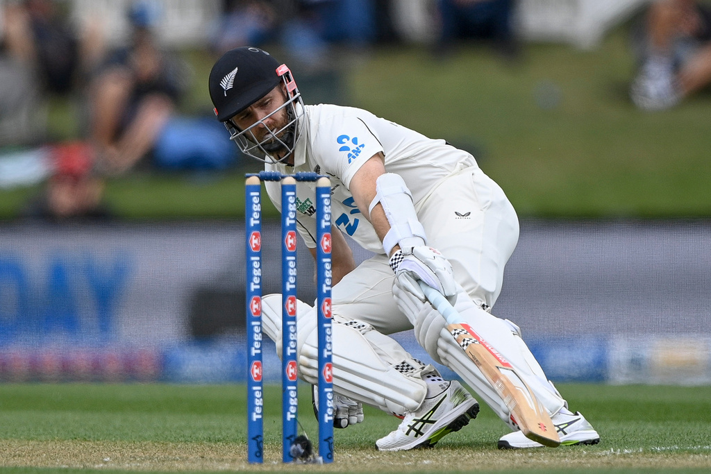 New Zealand's Kane Williamson makes runs agains the West Indies during their cricket test match in Christchurch, New Zealand, Tuesday, Dec. 2, 2025. (John Davidson/Photosport via AP)