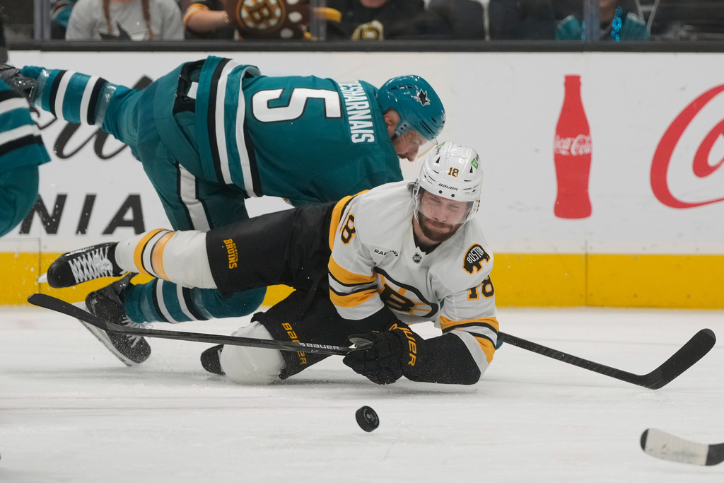 Boston Bruins center Pavel Zacha, bottom, looks toward the puck in front of San Jose Sharks defenseman Vincent Desharnais (5) during the second period of an NHL hockey game in San Jose, Calif., Sunday, Nov. 23, 2025. (AP Photo/Jeff Chiu)