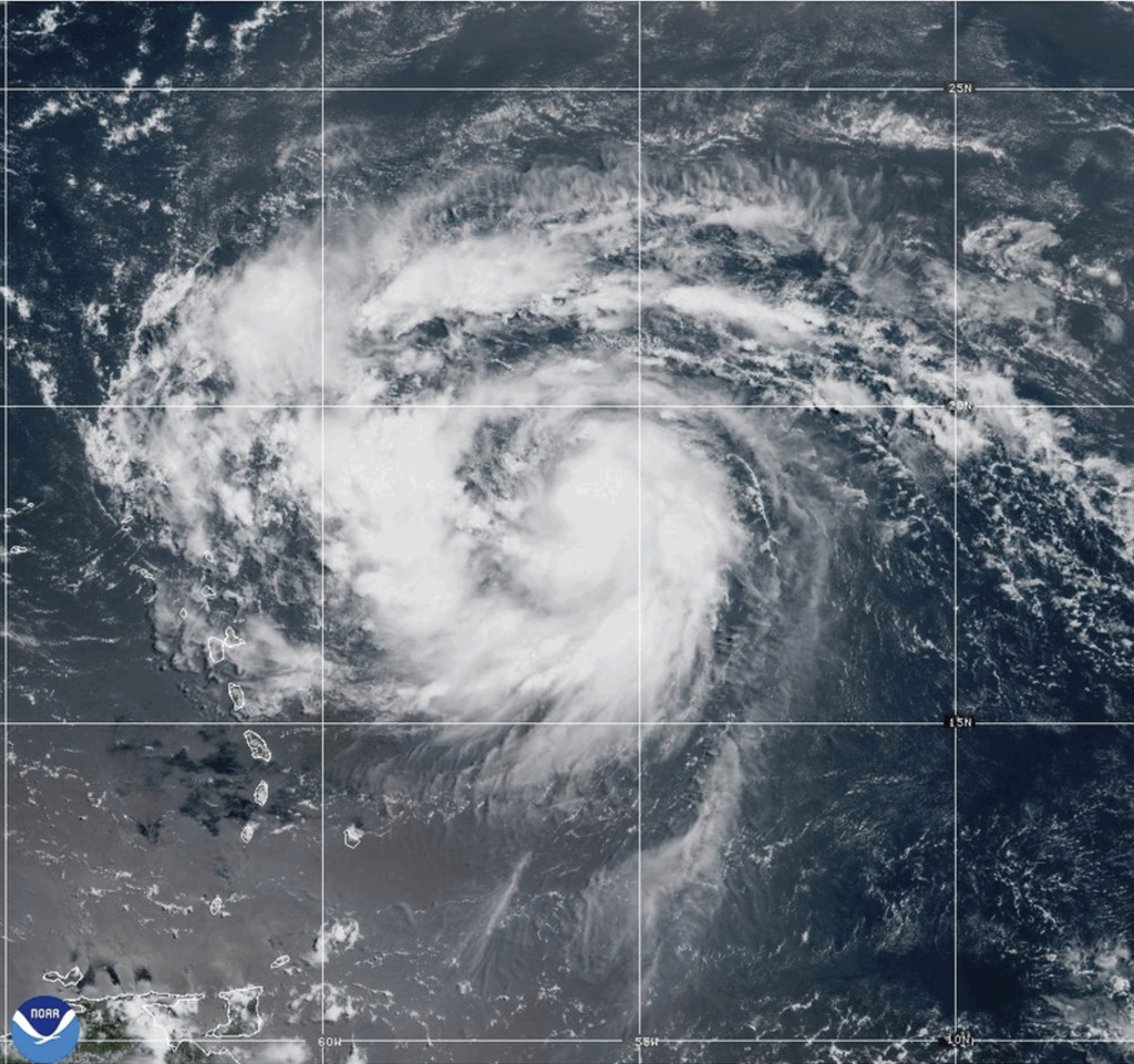 This satellite image provided by NOAA shows Hurricane Erin on Friday, Aug. 15, 2025. (NOAA via AP)