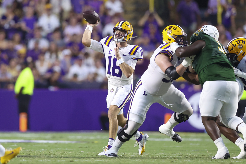 LSU quarterback Garrett Nussmeier (18) attempts a pass in the first half of an NCAA college football game against Southeastern Louisiana in Baton Rouge, La., Saturday, Sept. 20, 2025. (AP Photo/Peter Forest)