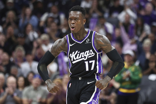 Sacramento Kings guard Dennis Schröder celebrates after guard Zach Lavine scored during the first half of an NBA basketball game against the Utah Jazz, Friday, Oct. 24, 2025, in Sacramento, Calif. (AP Photo/Sara Nevis) Sacramento Kings guard Dennis Schröder celebrates after guard Zach Lavine scored during the first half of an NBA basketball game against the Utah Jazz, Friday, Oct. 24, 2025, in Sacramento, Calif. (AP Photo/Sara Nevis)
