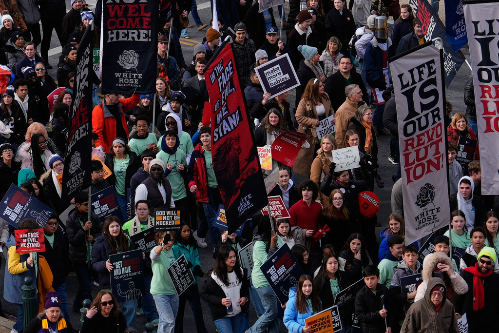 Anti-abortion demonstrators walk to the Supreme Court during the annual March for Life, Friday, Jan. 23, 2026, in Washington. (AP Photo/Julia Demaree Nikhinson)