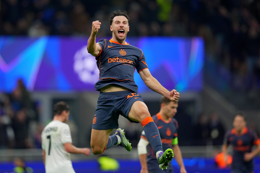 Inter Milan's Carlos Augusto celebrates after scoring during the Champions League soccer match between Inter Milan and Kairat, Wednesday, Nov. 5, 2025, in Milan, Italy. (Spada/LaPresse via AP)