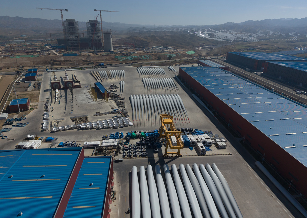 Wind turbine equipment sits at Mingyang North Smart Energy factory in Baotou in northern China's Inner Mongolia province on Saturday, June 13, 2026. (AP Photo/Ng Han Guan)