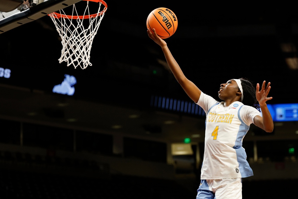 Southern University guard Jocelyn Tate shoots against Samford during the second half of a First Four college basketball game in the NCAA Tournament, Thursday, March 19, 2026, in Columbia, S.C. (AP Photo/Nell Redmond)