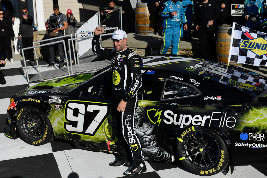 Shane Van Gisbergen celebrates after winning a NASCAR Cup Series auto race, Sunday, May 10, 2026, in Watkins Glen, N.Y. (Photo/Adrian Kraus)