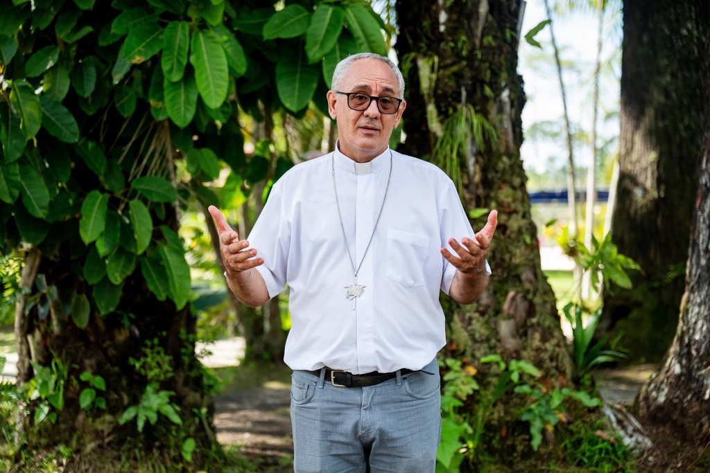 Bishop Miguel Ángel Cadenas speaks while attending an Amazon Water Summit in Iquitos, Peru, Oct. 1, 2025. (AP Photo/Junior Raborg)