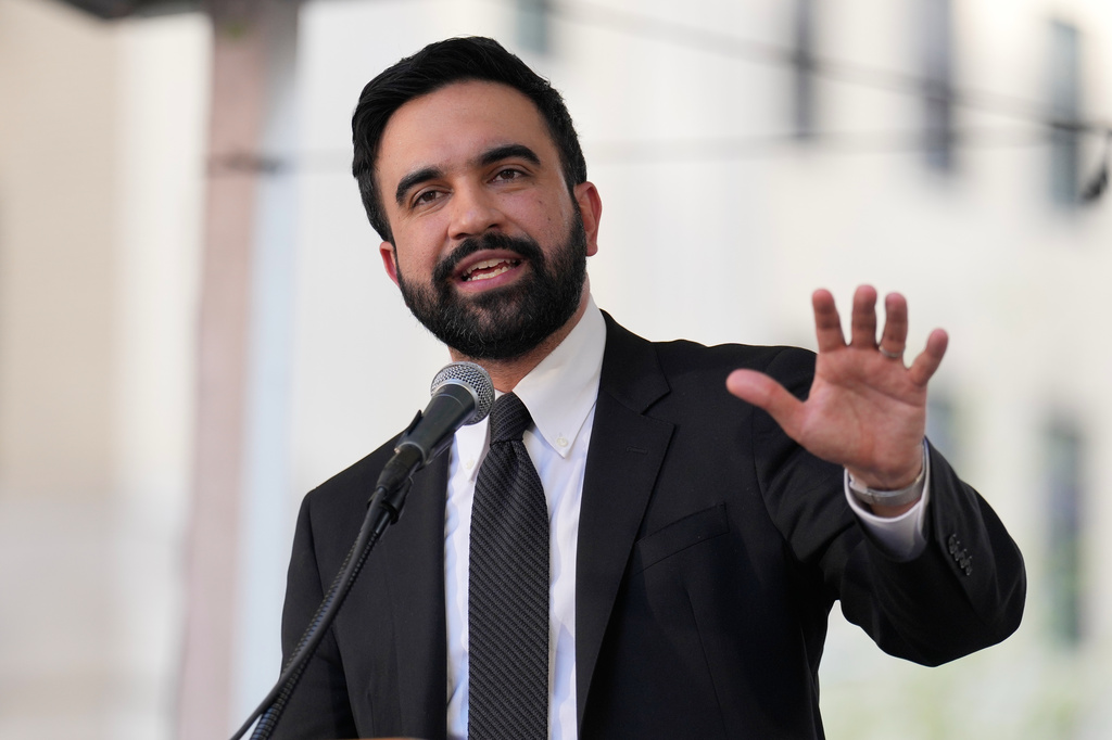 New York City mayor Zohran Mamdani speaks during a union rally on Park Avenue, in New York, Wednesday, April 15, 2026. (AP Photo/Seth Wenig)