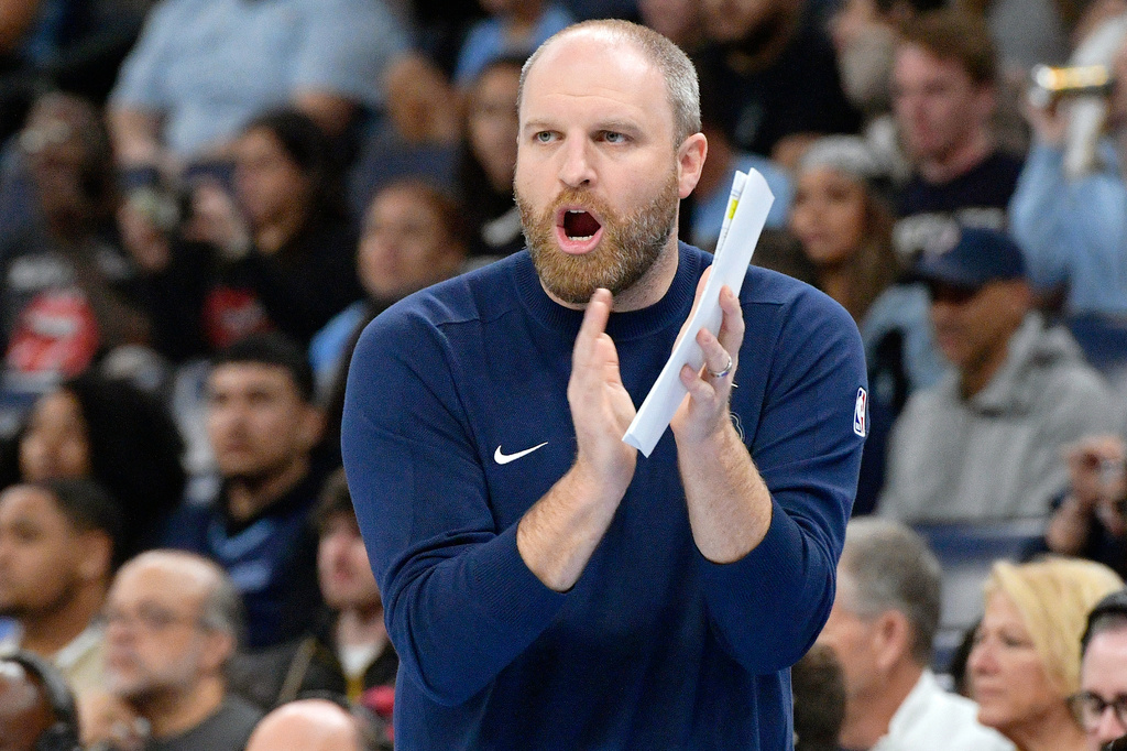 FILE - Memphis Grizzlies head coach Taylor Jenkins calls to players in the first half of an Emirates NBA Cup basketball game against the Denver Nuggets Tuesday, Nov. 19, 2024, in Memphis, Tenn. (AP Photo/Brandon Dill, File)
