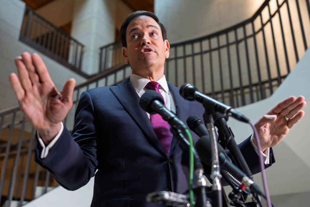 Secretary of State Marco Rubio speaks to reporters as he arrives for an intelligence briefing with top lawmakers on Iran, at the Capitol in Washington, Monday, March 2, 2026. (AP Photo/J. Scott Applewhite)