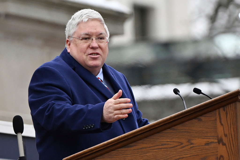 FILE - West Virginia Gov. Patrick Morrisey speaks at the state capitol in Charleston, W.Va., Jan. 13, 2025. (AP Photo/Chris Jackson, File)
